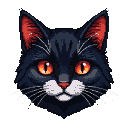 Pixel Art: Cabeça de um gato com pelagem preta e olhos vermelhos, resolução 28x32 (generated with AI by Oriwynna Dryad).