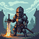 Pixel Art: Create a medieval knight with a flaming sword. The knight wears dark armor and a helmet that covers his face. He holds the sword in his hand, resting the blade on the ground. (generated with AI and edited by El_Reua).