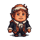 Young person with auburn hair and a leafy circlet, wearing a detailed dark jacket with copper accents over a lighter tunic, looking determined.