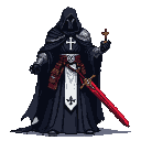 Warrior figure in a black robe and full-cover helmet, bearing a white Christ cross on their chest, holding a glowing red sword and a reliquary with a blasphemous symbol.