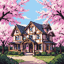 A multi-story house with dark gabled roofs and white and brown timber framing, surrounded by a vibrant sakura forest, lush green bushes, and a winding path.