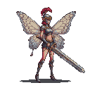 Pixie warrior in metallic knight's armor and helmet, holding a large sword, with butterfly wings. Side view, full body.