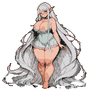 Pixel Art: very long flowing white hair, silky and voluminous, highly d...