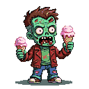 Greenish cartoon zombie with bulging eyes, tattered red jacket, blue jeans, and gaping mouth, holding two pink ice cream cones.