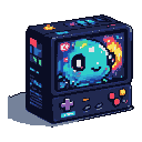 Retro-futuristic handheld game console with a blue character on screen.