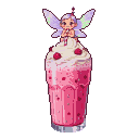 Pixie with lavender wings and a cherry on her head sips a raspberry milkshake topped with whipped cream and raspberries.