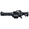 Gray and black pixel art minigun with a multi-barreled front, stock, and targeting scope, presented horizontally.