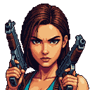 Pixel Art: female character with 2 guns portrait close-up in color