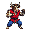 Minotaur fighter in red gi and blue pants, in a dynamic fighting stance.