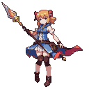 Anime girl with bright orange hair, red ribbons, blue tunic, white blouse, brown belt, ruffled skirt, brown leggings, boots, and red sash, holding a golden magic spear with a fiery gem tip.