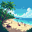 Beach scene with palm trees, golden sand, turquoise ocean, and people in pixelated forms.