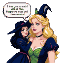 Two witches in pixel art, one in a green bodice and blue dress looking forward with a smile, the other with dark hair in a matching blue dress and hat leaning in affectionately. A speech bubble reads "I love you so much! Happy one year and three months!".