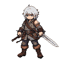 Young adventurer with white hair, holding a sword, stands ready for action.