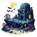 Ancient structure with glowing windows on a rocky, overgrown island under a luminous full moon.