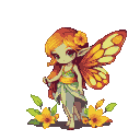 Pixel Art: a little fairy in very exotic colors, dressed in light cloth...