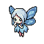 A delicate ice pixie with large blue eyes and flowing pale blue hair, her ethereal wings shimmering with icy blue hues, stands with tiny hands clasped near her chest.