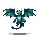 Emerald green dragon with teal accents, front-facing, wings spread, large expressive eyes, small golden horns, slender body, four clawed limbs tucked, long segmented tail, pixel art style.