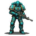 Space marine in teal and gold power armor with glowing red helmet optics, holding a rifle.