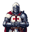 A Templar Knight in white tunic with red cross, wearing gleaming plate armor and a closed helmet. He stands with clasped hands on the crossguard of a greatsword, its hilt on the ground.