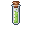 A tall glass vial with a cork stopper containing a vibrant, bubbling green liquid with bright green flecks.