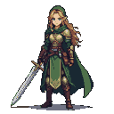 Determined elven warrior in ornate gold and green armor, holding a gleaming sword, with long golden hair and striking blue eyes.