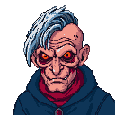 A gaunt, unsettling figure with piercing orange eyes, deep wrinkles, and sharp angles on their face. Blue-white hair sweeps across a bald scalp. Pointed ears and a grimace revealing sharp teeth add to their otherworldly appearance. They wear a dark blue hooded garment with a red scarf.