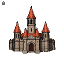 A gray and beige stone castle with a red arched doorway and orange conical roofs on multiple towers against a black background.