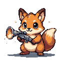 Adorable fox character with a shotgun emitting a fiery energy burst.