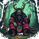 Deep within a shadowed, ancient wood, a wicked forest spirit with glowing red eyes and a cruel grin lurks. Its crimson robes and gnarled fingers promise a chilling, fatal embrace to any who wander too close.