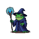 Wizard frog in blue robe and pointed hat, holding a staff with a glowing blue crystal.