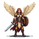 Aasimar warrior with spread feathered wings, holding a broadsword and shield, wearing light armor and a crimson cape.