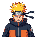 Close-up portrait of Naruto Uzumaki with spiky orange hair, a black headband with a silver symbol, and whisker marks on his cheeks. He wears a dark blue jacket with orange accents and has a determined expression. The background is black.