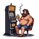 Portly man with shaggy beard and long hair plays a slot machine, smoking a cigar and holding a beer. He wears a sleeveless shirt, shorts, and flip-flops.