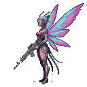 Pixel Art: futuristic pixie with wings with rifle sideview