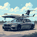 A sleek, dark grey luxury sedan is parked beneath a private jet, creating a scene of aspirational sophistication and modern wealth.