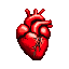 Vibrant, pixelated crimson human heart with defined chambers and arteries, pulsing against a black background.