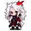 Chibi vampire with voluminous white hair, crimson eyes, and sharp fangs, wearing a gothic tunic with silver buckles and a tattered scarlet cape.