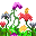 A cluster of pixelated flowers in fuchsia, red, yellow, and grey, with green foliage, against a black background.