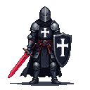 Templar Knight in dark tunic and armor with a white cross on chest, holding a crimson sword and teardrop shield with an inverted white cross.