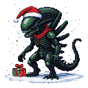 Xenomorph wearing a Santa hat and scarf, standing in a snowy landscape with Christmas presents.