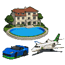 A cream-colored mansion with a terracotta roof, a blue sports car with green underglow, and a white private jet with green accents and Brazilian flag details are situated in front of lush green trees and an azure swimming pool.