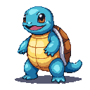 A blue Squirtle with a tan belly and brown shell smiles widely, its arms slightly out.