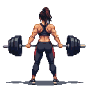 Woman with dark hair pulled back, facing away from the viewer, gripping a barbell loaded with weights, muscles defined in a sports bra and leggings.