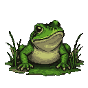 A vibrant green frog with large, expressive eyes sits among tall, dark reeds on mossy ground.