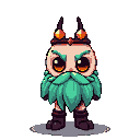 A stout gnome with a leafy green beard, amber eyes, and a dark band with glowing orange gems on its bald head.