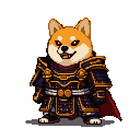 Shiba Inu general in dark samurai armor with gold trim and a red cape, grinning menacingly.