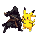 A dark, hooded samurai figure with a glinting katana faces a pixelated Pikachu holding a slender blade.