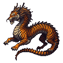 Tiger-dragon with orange and black stripes, dark spiky mane, coiled pose against black background.