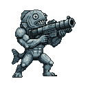 Pixel Art: muscular hero with fish head and bazooka