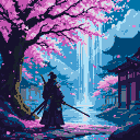 Pixel Art: Futuristic samurai standing under holographic cherry blossoms (generated with AI by Den).